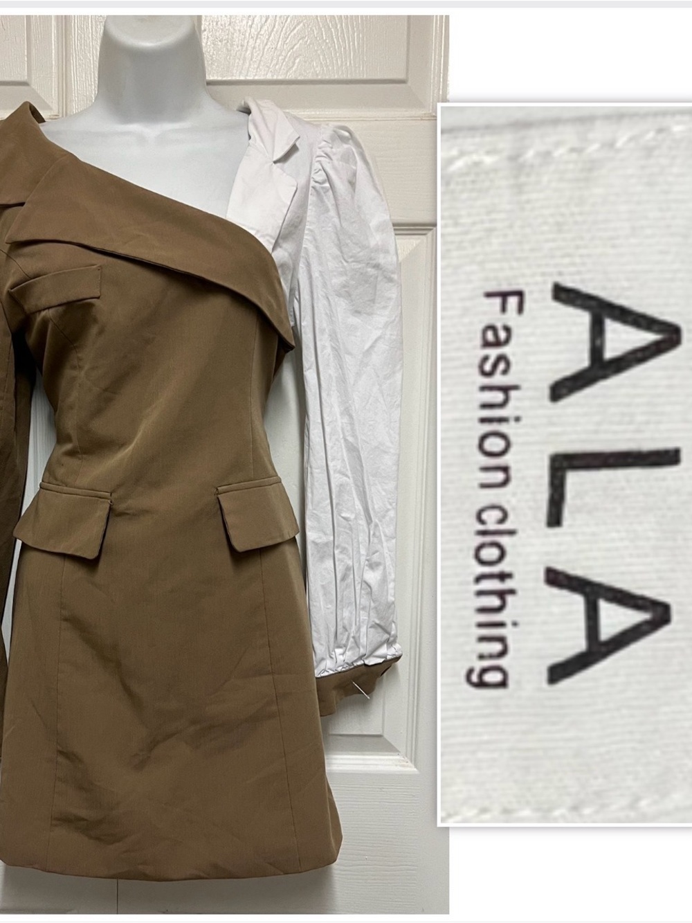 ALA Fashion Clothing Taupe Faux On Shoulder Blazer Mini Dress